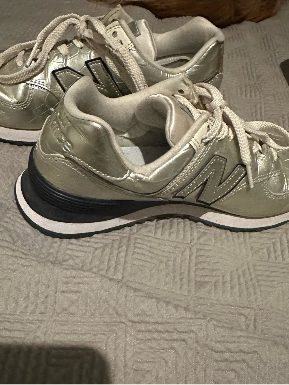 New Balance Women's Metallic Gold and Black 574 Sneakers, SZ 7